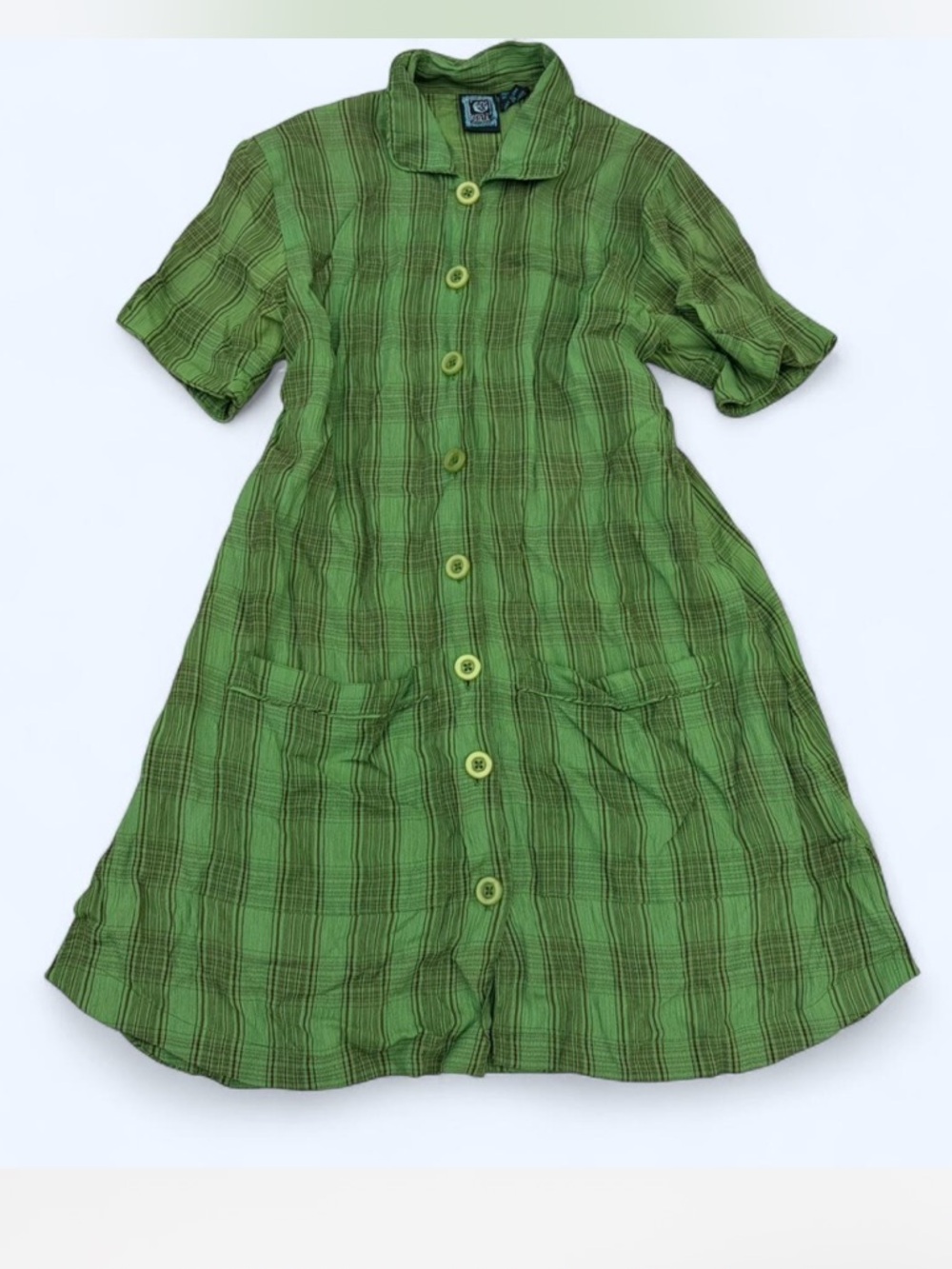 Vintage Y2K Ecote Brown & Green Plaid Mini Dress, 100% Rayon Button Down Dress